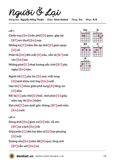 Hợp âm Người Ở Lại (Cao Thái Sơn) – bản nhạc PDF trang 1, tông Em