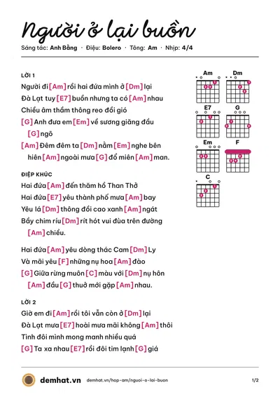 Hợp âm Người ở lại buồn (Đặng Thế Luân) – bản nhạc PDF trang 1, tông Am