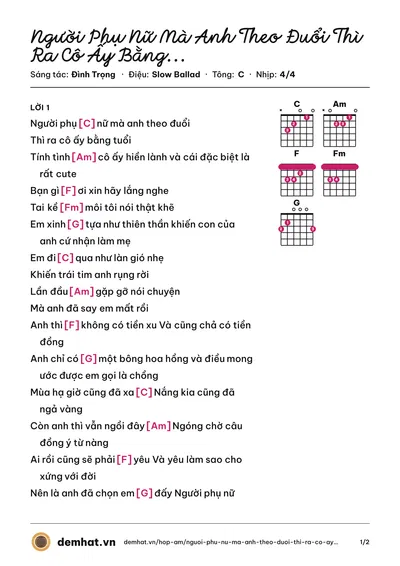 Hợp âm Người Phụ Nữ Mà Anh Theo Đuổi Thì Ra Cô Ấy Bằng Tuổi 「 Lyrics 」 | Nhạc Hot TikTok (Đình Trọng) – bản nhạc PDF trang 1, tông C