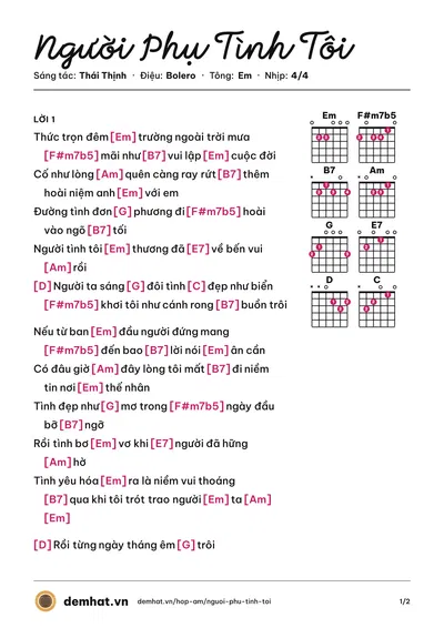 Hợp âm Người Phụ Tình Tôi (Như Quỳnh) – bản nhạc PDF trang 1, tông Em