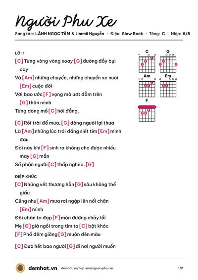 Hợp âm Người Phu Xe (Jimmii Nguyễn) – bản nhạc PDF trang 1, tông C