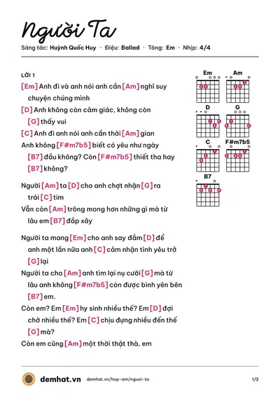 Hợp âm Người Ta (Sĩ Thanh) – bản nhạc PDF trang 1, tông Em