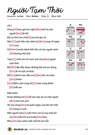 Hợp âm Người Tạm Thời (Ju.Das) – bản nhạc PDF trang 1, tông G