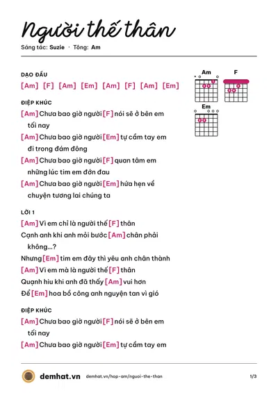 Hợp âm Người thế thân (Suzie) – bản nhạc PDF trang 1, tông Am