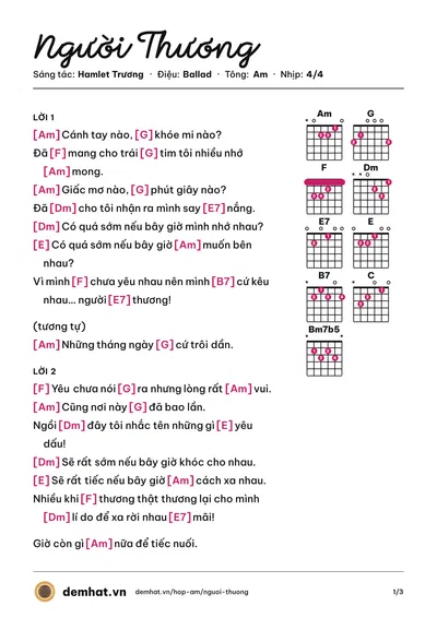 Hợp âm Người Thương (Hamlet Trương) – bản nhạc PDF trang 1, tông Am