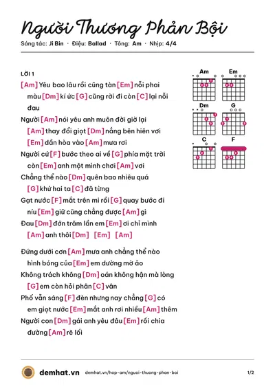 Hợp âm Người Thương Phản Bội (Lê Gia Bảo) – bản nhạc PDF trang 1, tông Am