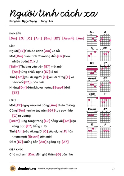 Hợp âm Người tình cách xa (Ngọc Huệ) – bản nhạc PDF trang 1, tông Am