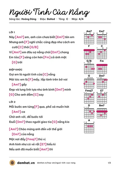 Hợp âm Người Tình Của Nắng (LyLy) – bản nhạc PDF trang 1, tông C