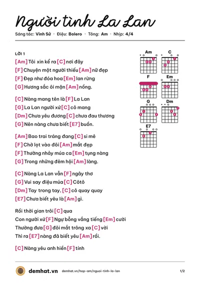 Hợp âm Người tình La Lan (Vinh Sử) – bản nhạc PDF trang 1, tông Am