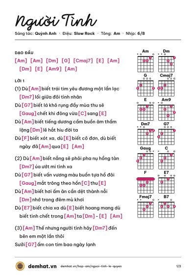 Hợp âm Người Tình (Lệ Quyên) – bản nhạc PDF trang 1, tông Am