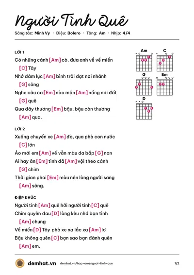 Hợp âm Người Tình Quê (Cẩm Ly) – bản nhạc PDF trang 1, tông Am