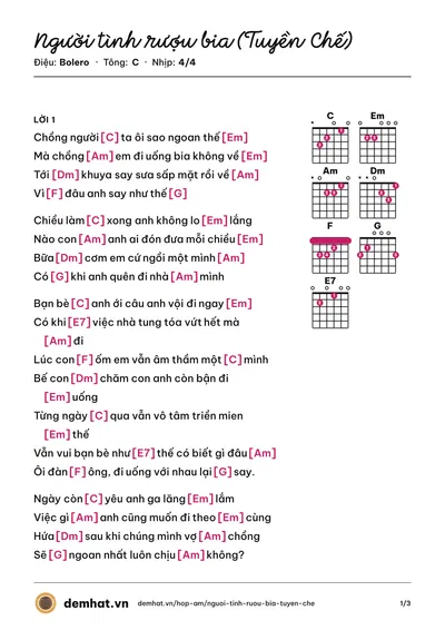 Hợp âm Người tình rượu bia (Tuyền Chế) (Chế) – bản nhạc PDF trang 1, tông C