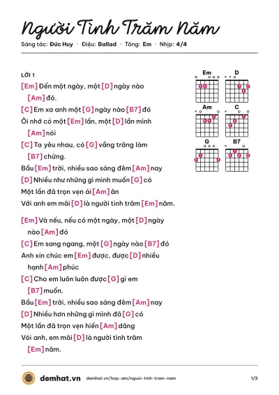 Hợp âm Người Tình Trăm Năm (Đức Huy) – bản nhạc PDF trang 1, tông Em