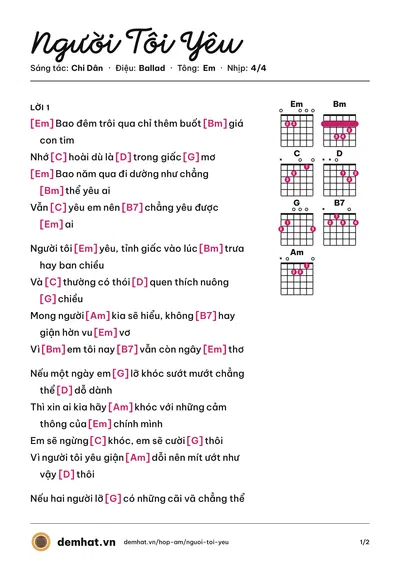Hợp âm Người Tôi Yêu (Chi Dân) – bản nhạc PDF trang 1, tông Em