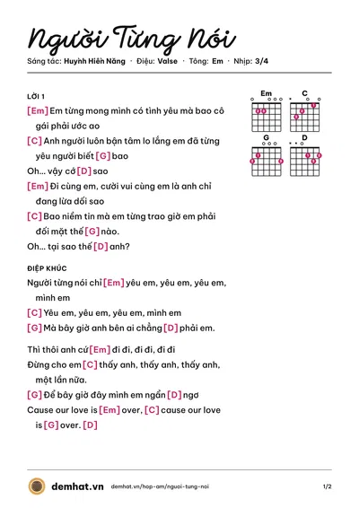 Hợp âm Người Từng Nói (Đông Nhi) – bản nhạc PDF trang 1, tông Em