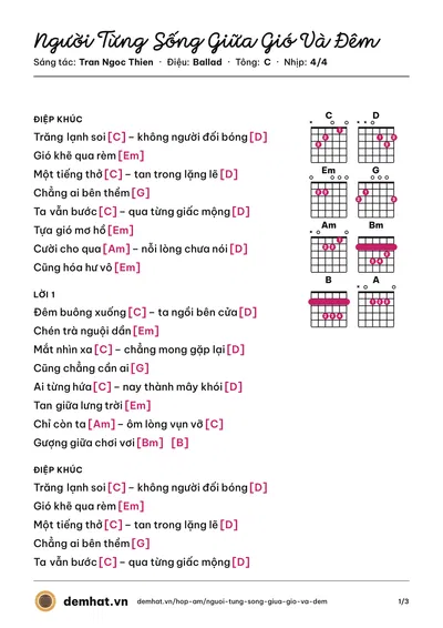 Hợp âm Người Từng Sống Giữa Gió Và Đêm (Ái) – bản nhạc PDF trang 1, tông C
