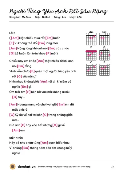 Hợp âm Người Từng Yêu Anh Rất Sâu Nặng (Hương Tràm) – bản nhạc PDF trang 1, tông Am