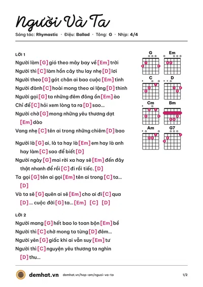 Hợp âm Người Và Ta (Rhymastic) – bản nhạc PDF trang 1, tông G