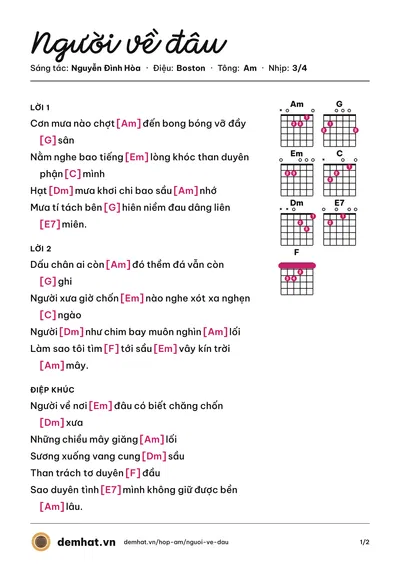 Hợp âm Người về đâu (Tâm Thư) – bản nhạc PDF trang 1, tông Am