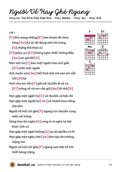 Hợp âm Người Về Hay Ghé Ngang (Hoài Lâm) – bản nhạc PDF trang 1, tông Am