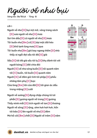 Hợp âm Người về như bụi (Kim Tước (trước 75)) – bản nhạc PDF trang 1, tông G