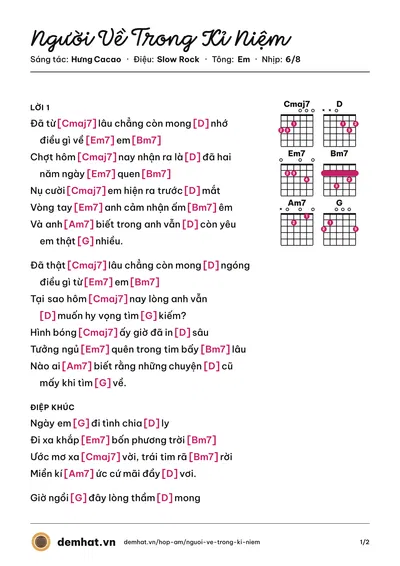 Hợp âm Người Về Trong Kỉ Niệm (Trịnh Đình Quang) – bản nhạc PDF trang 1, tông Em