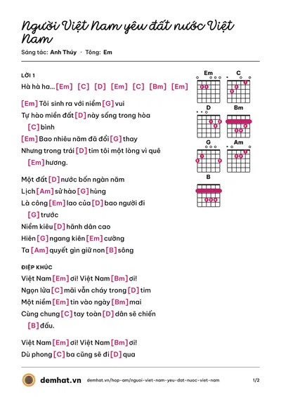 Hợp âm Người Việt Nam yêu đất nước Việt Nam (Anh Thúy) – bản nhạc PDF trang 1, tông Em
