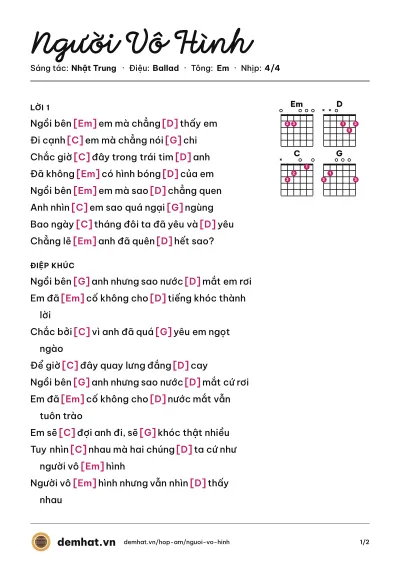 Hợp âm Người Vô Hình (Minh Hằng) – bản nhạc PDF trang 1, tông Em