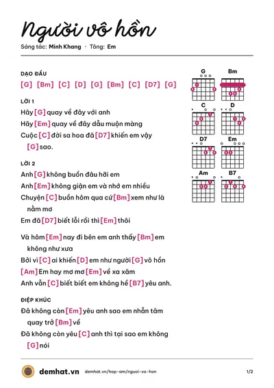 Hợp âm Người vô hồn (Minh Khang) – bản nhạc PDF trang 1, tông Em