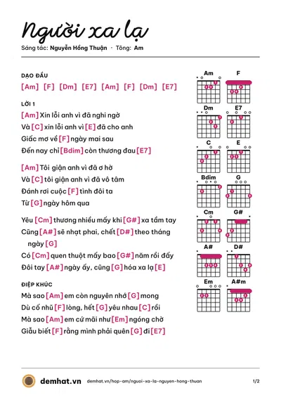Hợp âm Người xa lạ (Nguyễn Hồng Thuận) – bản nhạc PDF trang 1, tông Am