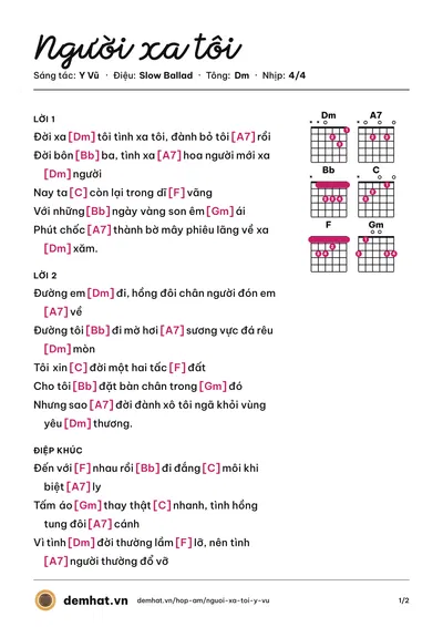 Hợp âm Người xa tôi (Y Vũ) – bản nhạc PDF trang 1, tông Dm