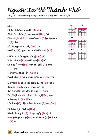 Hợp âm Người Xa Về Thành Phố (Trường Vũ) – bản nhạc PDF trang 1, tông Dm
