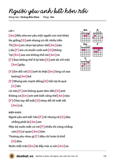 Hợp âm Người yêu anh kết hôn rồi (Lý Nhật Nam) – bản nhạc PDF trang 1, tông Am