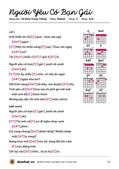 Hợp âm Người Yêu Có Bạn Gái (Thắng) – bản nhạc PDF trang 1, tông C