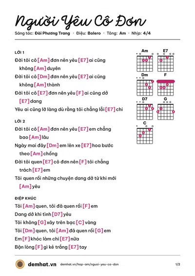 Hợp âm Người Yêu Cô Đơn (Đan Nguyên) – bản nhạc PDF trang 1, tông Am