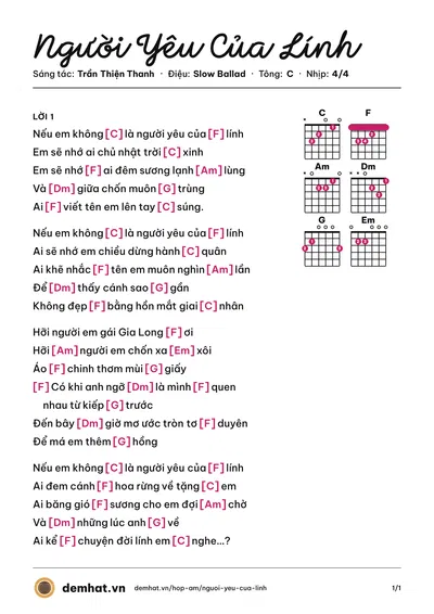 Hợp âm Người Yêu Của Lính (Trần Thiện Thanh) – bản nhạc PDF trang 1, tông C