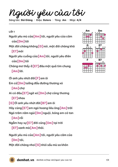 Hợp âm Người yêu của tôi (Uyên Nguyên) – bản nhạc PDF trang 1, tông Am