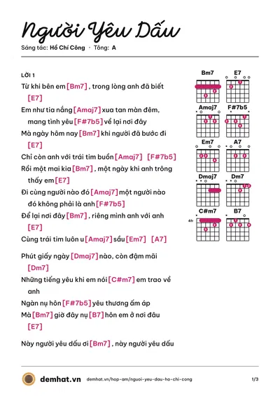 Hợp âm Người Yêu Dấu (Hồ Chí Công) – bản nhạc PDF trang 1, tông A
