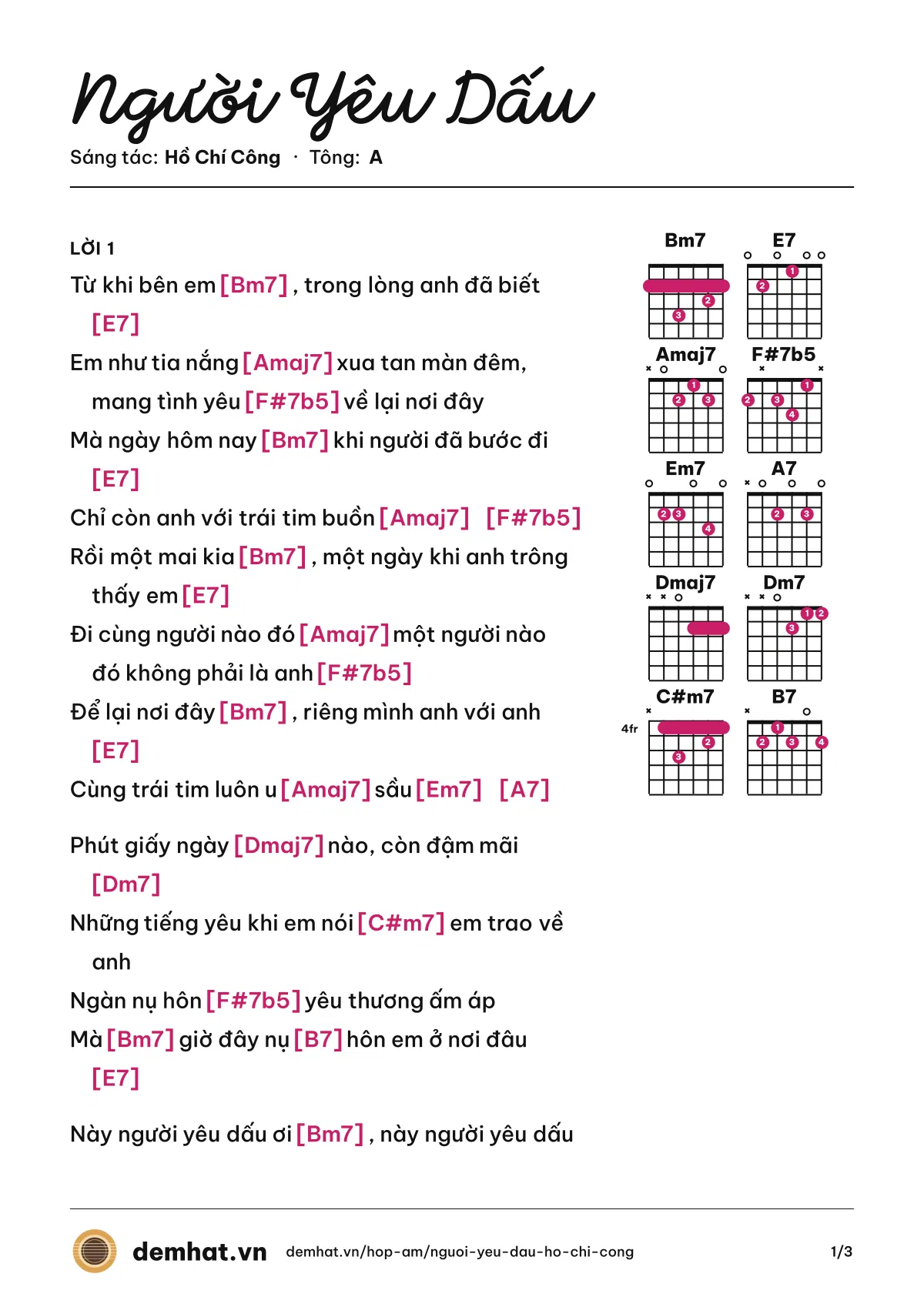Hợp âm Người Yêu Dấu (Hồ Chí Công) – bản nhạc PDF trang 1, tông A