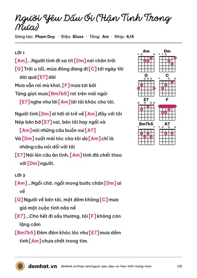 Hợp âm Người Yêu Dấu Ơi (Hận Tình Trong Mưa) (Quốc Thiên) – bản nhạc PDF trang 1, tông Am