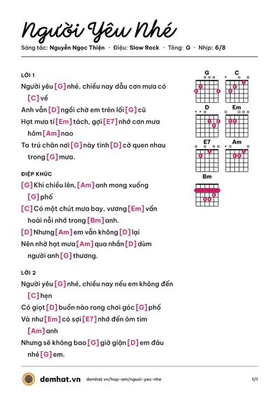 Hợp âm Người Yêu Nhé (Tuấn Cận) – bản nhạc PDF trang 1, tông G