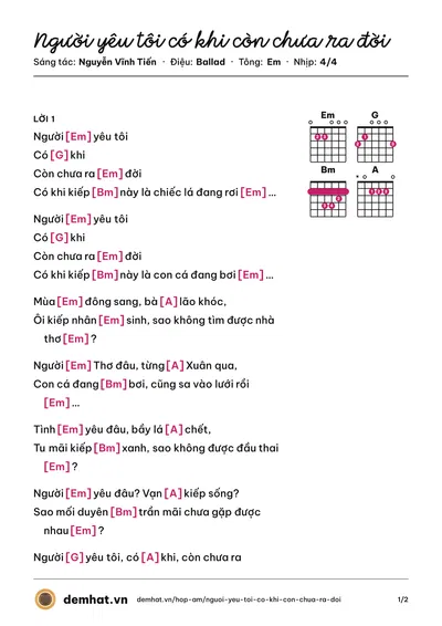 Hợp âm Người yêu tôi có khi còn chưa ra đời (Nguyễn Vĩnh Tiến) – bản nhạc PDF trang 1, tông Em