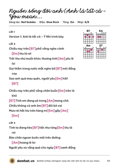 Hợp âm Nguồn sống đời anh (Anh là tất cả – You mean everything to me) (Neil Sedaka) – bản nhạc PDF trang 1, tông Em
