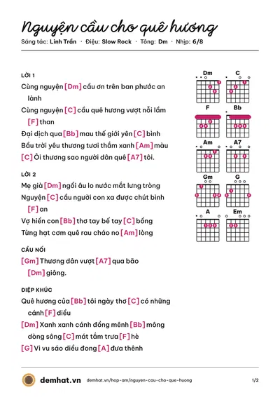 Hợp âm Nguyện cầu cho quê hương (Lâm Hoài Phong) – bản nhạc PDF trang 1, tông Dm