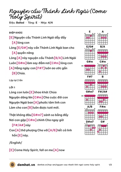 Hợp âm Nguyện cầu Thánh Linh Ngài (Come Holy Spirit) (Isaac Thái) – bản nhạc PDF trang 1, tông E