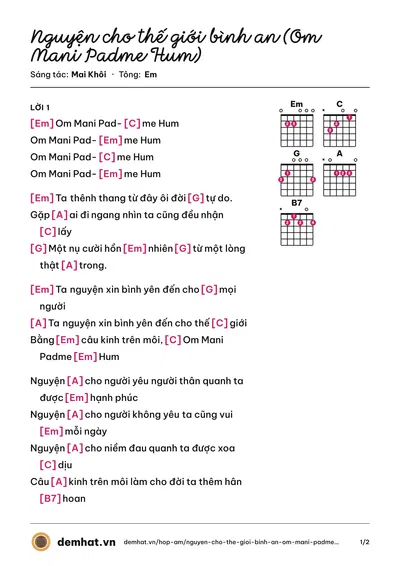 Hợp âm Nguyện cho thế giới bình an (Om Mani Padme Hum) (Mai Khôi) – bản nhạc PDF trang 1, tông Em