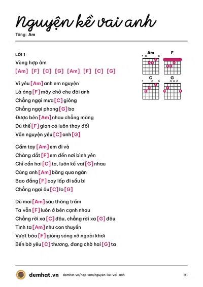 Hợp âm Nguyện kề vai anh (Quỳnh Lady) – bản nhạc PDF trang 1, tông Am
