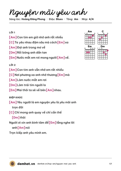 Hợp âm Nguyện mãi yêu anh (Saka Trương Tuyền) – bản nhạc PDF trang 1, tông Am