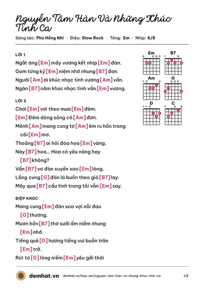 Hợp âm Nguyễn Tâm Hàn Và Những Khúc Tình Ca (Tố Mai) – bản nhạc PDF trang 1, tông Em