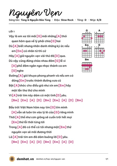 Hợp âm Nguyên Vẹn (Tùng) – bản nhạc PDF trang 1, tông D